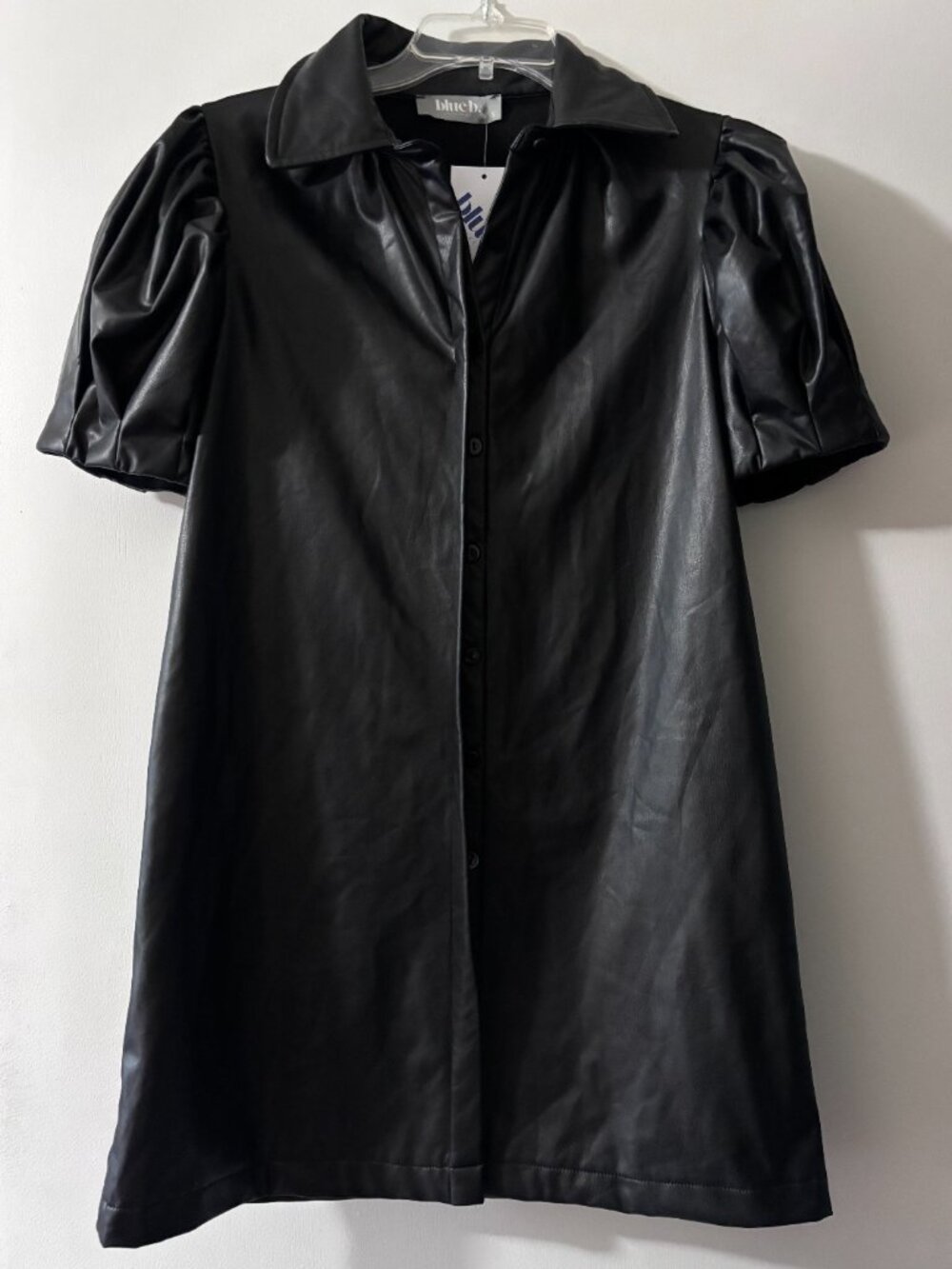NWT Blue B. Collection Black Faux Leather Puff Sleeve Mini Shirt Dress S
